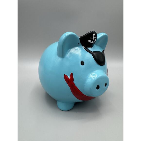 Pirate Pig Skull and Crossbones Piggy Bank Blue Black White Red 6” - Picture 2 of 11